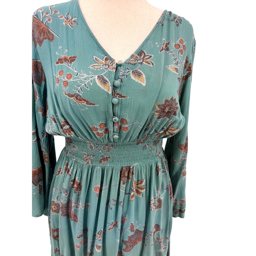 Kings Road V-Neck Dress Womens L Mint Green Brown Floral Bell Sleeve Excellent - Picture 2 of 10